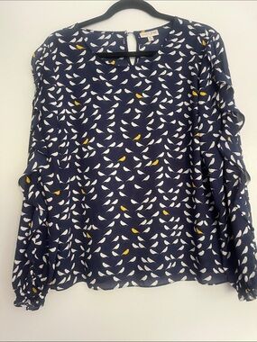 Maison Jules Xl Navy Bird-Print Ruffle Sleeve Blouse